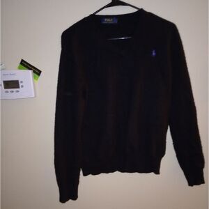 🆕🏇VTG Polo Ralph Lauren 100% Merino Wool Sweater Black V-Neck Purple Pony - XL